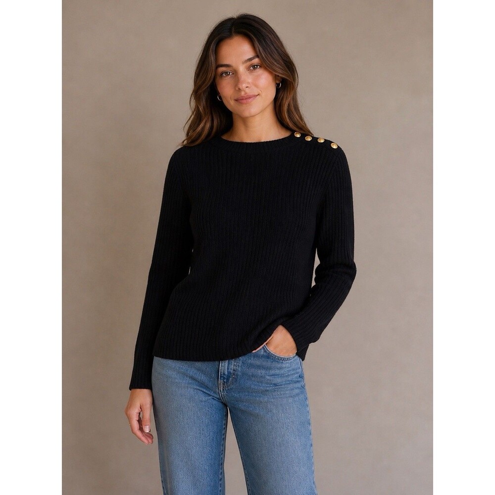 Vtg Ralph Lauren Sweater Womens Ribbed Knit  Black Academia Button Lambswool